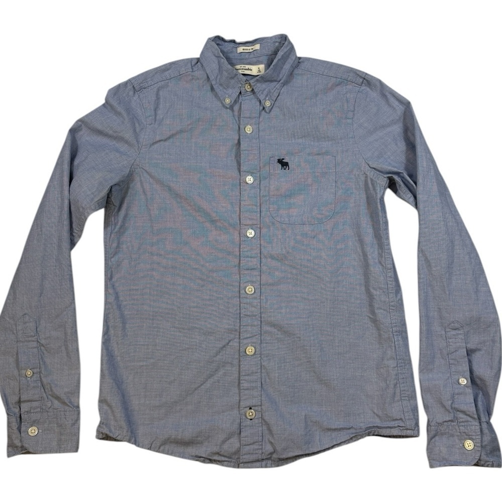 Abercrombie Kids Blue Long Sleeve Muscle Button Front Moose Logo Oxford Shirt - Picture 3 of 7